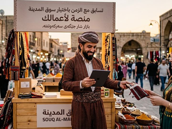 بائع يستقبل زبونة في سوق تراثي ويمسك جهازاً لوحياً